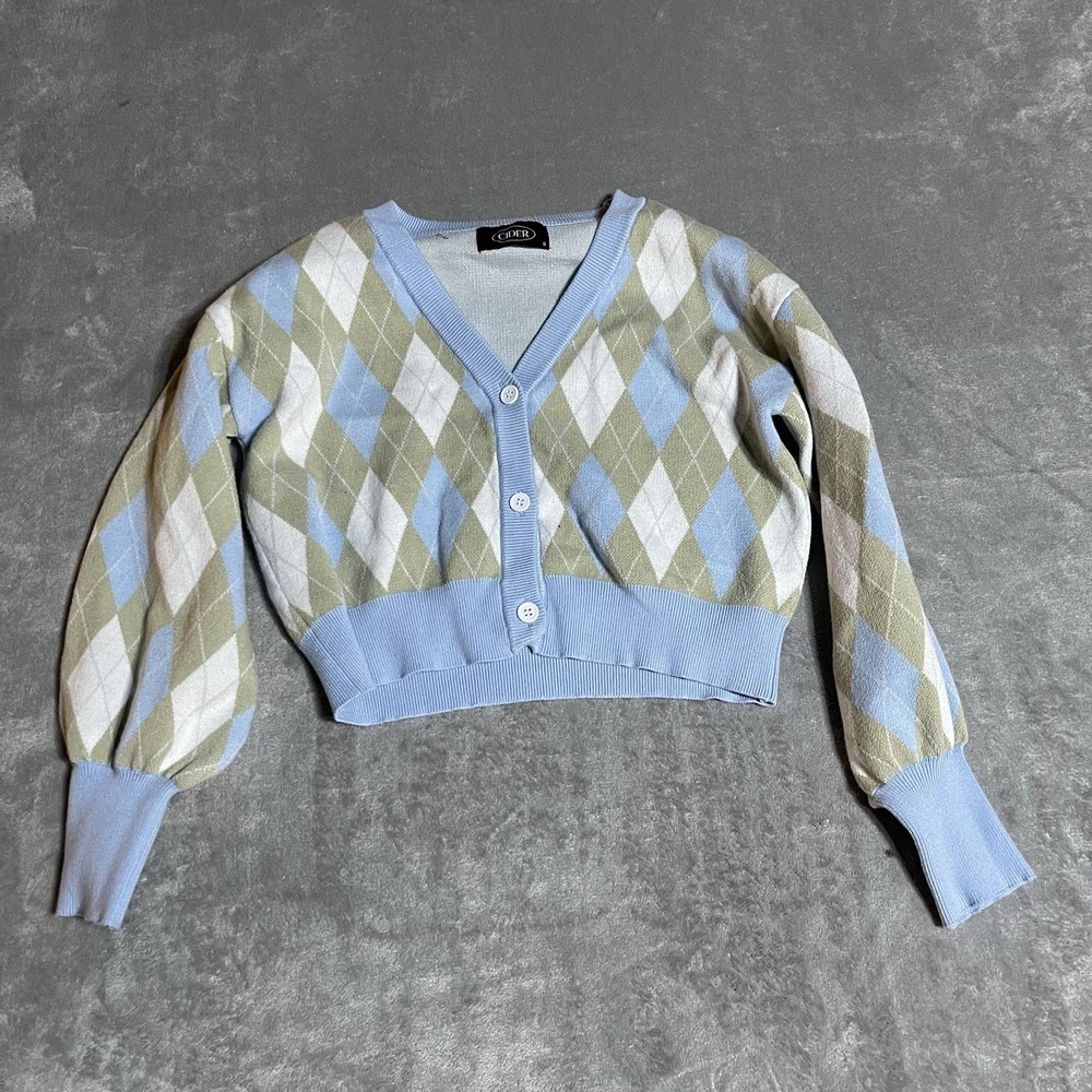 CIDER Sweater Womens Small Blue Green Diamond‎ Argyle Academia Cropped Cardigan
